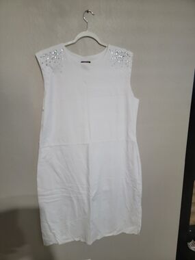 Express White Midi Shift Dress with Shoulder Crystal Accents